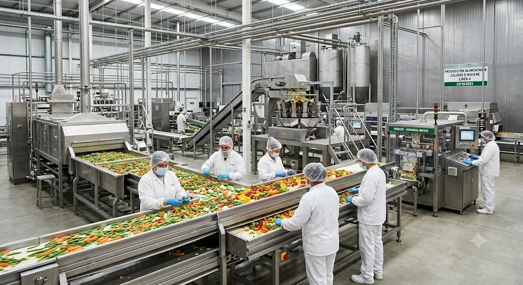 Trabajadores con cofia, mascarilla y bata blanca inspeccionando y seleccionando verduras frescas en las cintas transportadoras de una moderna planta de producción alimentaria industrial.
