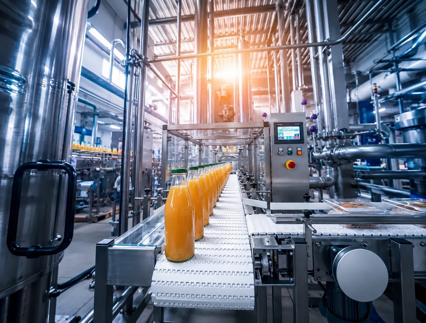 Vista del sistema de tubos que usa en la industria de alimentos, en donde se puede ver los alimentos transportados por una banda.